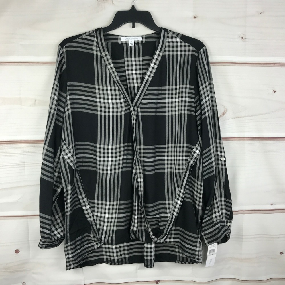 Single Thread Top Womens 1X Black Plaid 3/4 Sleeve Wrap Front Blouse Long Sleeve